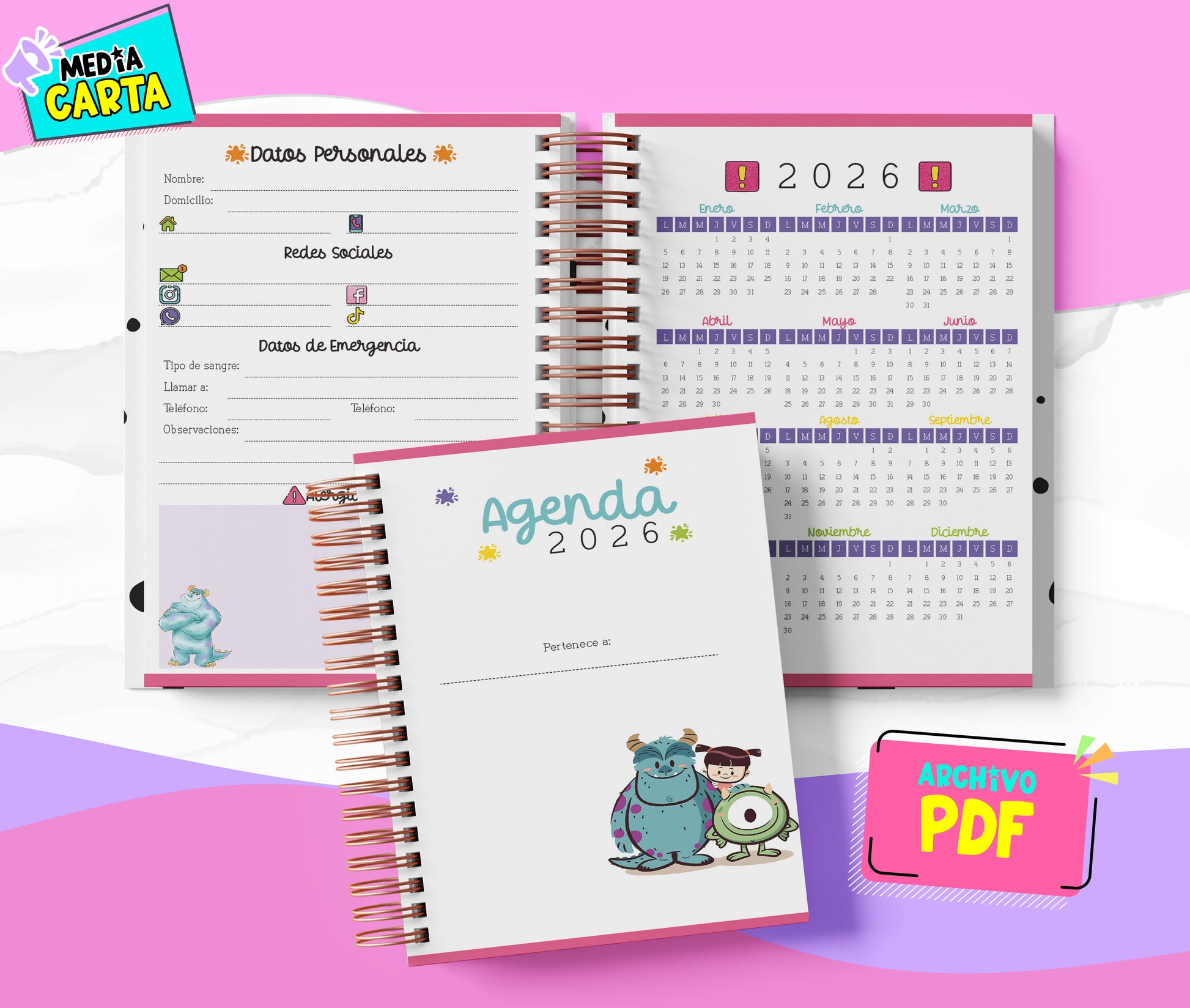 Agenda Diaria 2026 de Monsters Inc (PDF no editable) – Día por Página – Media Carta 14×21.5 cm – Español