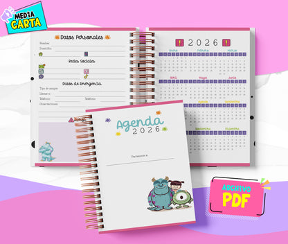 Agenda Diaria 2026 de Monsters Inc (PDF no editable) – Día por Página – Media Carta 14×21.5 cm – Español