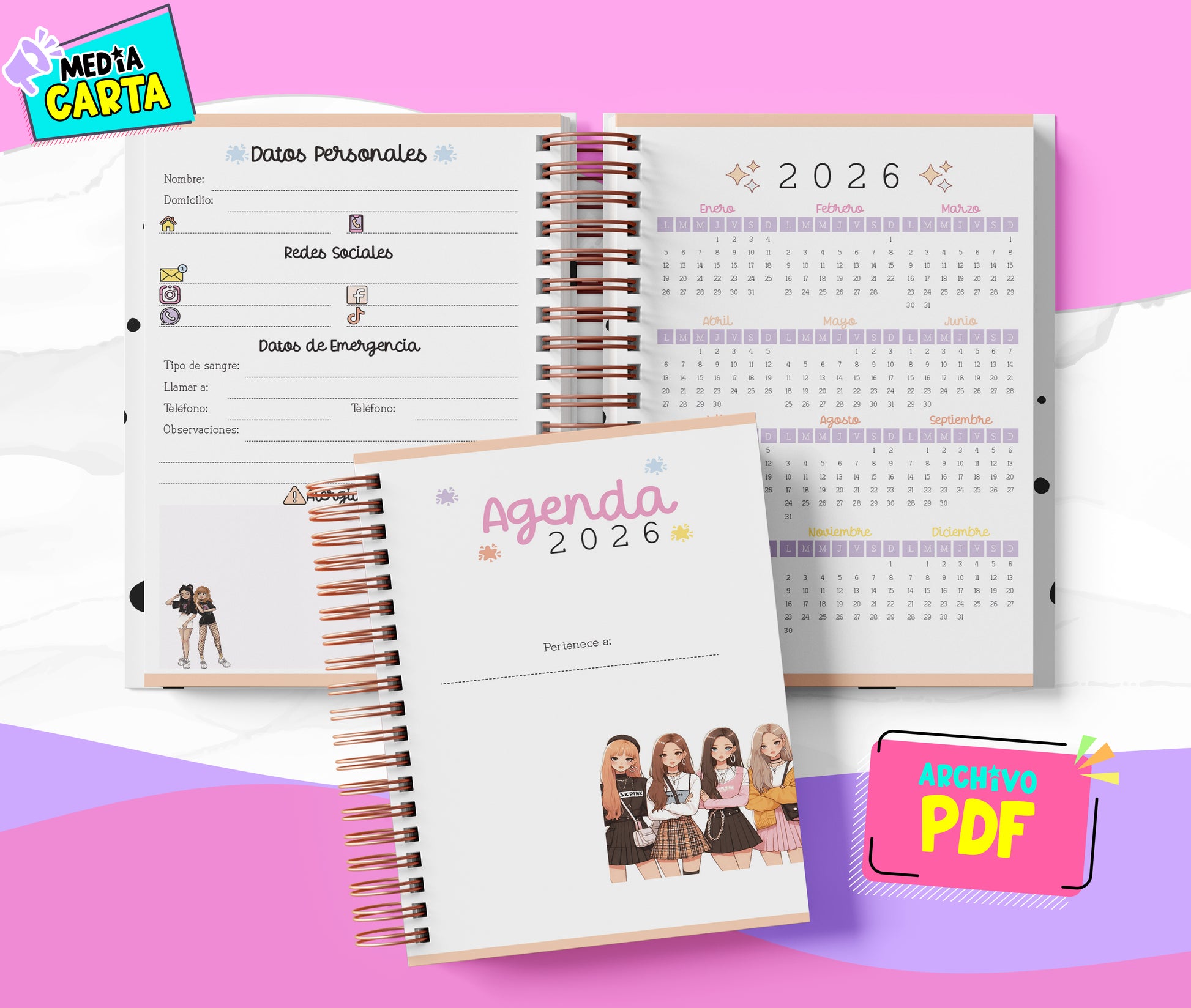 Agenda Diaria 2026 de Blackpink (PDF no editable) – Día por Página – Media Carta 14×21.5 cm – Español