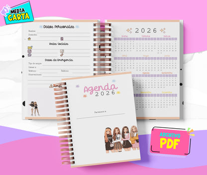 Agenda Diaria 2026 de Blackpink (PDF no editable) – Día por Página – Media Carta 14×21.5 cm – Español