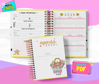 Agenda Diaria 2026 de Garfield (PDF no editable) – Día por Página – Media Carta 14×21.5 cm – Español