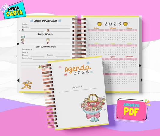 Agenda Diaria 2026 de Garfield (PDF no editable) – Día por Página – Media Carta 14×21.5 cm – Español