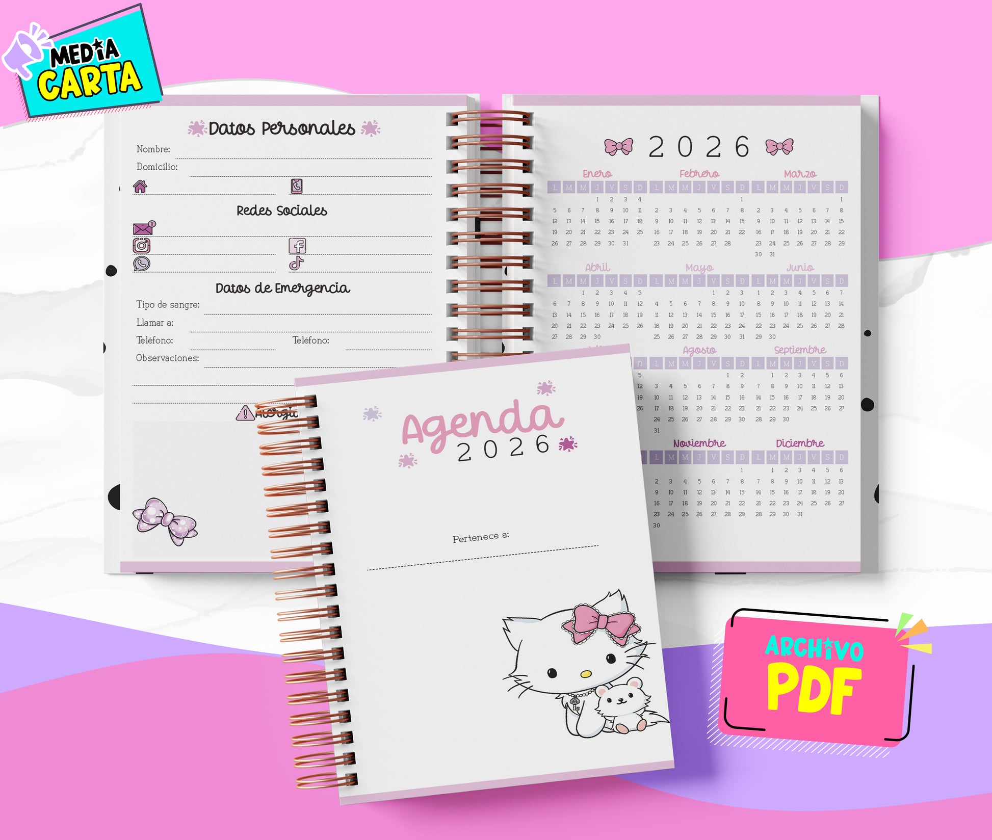 Agenda Diaria 2026 de Charmmy Kitty (PDF no editable) – Día por Página – Media Carta 14×21.5 cm – Español