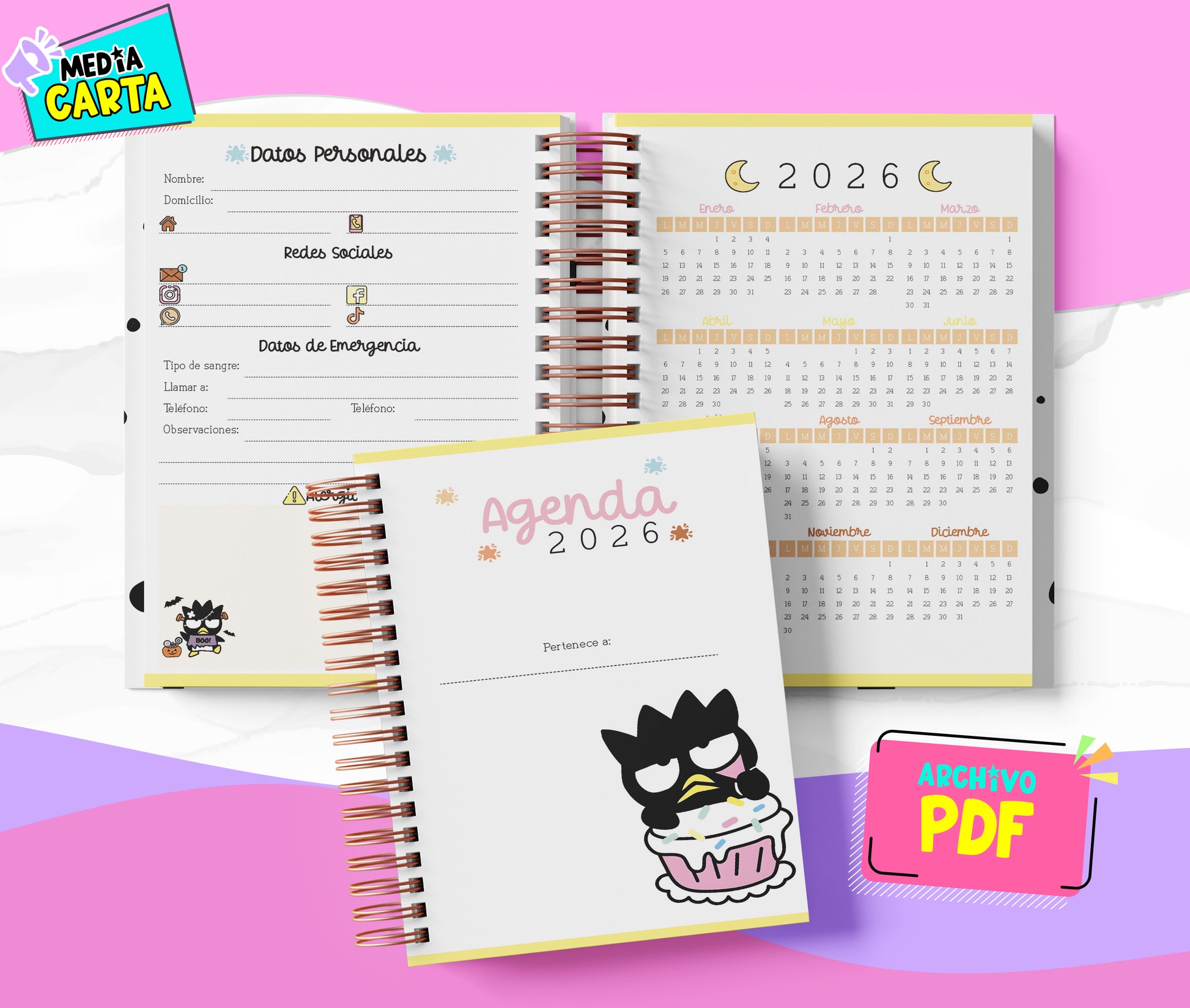 Agenda Diaria 2026 de Batz Maru (PDF no editable) – Día por Página – Media Carta 14×21.5 cm – Español