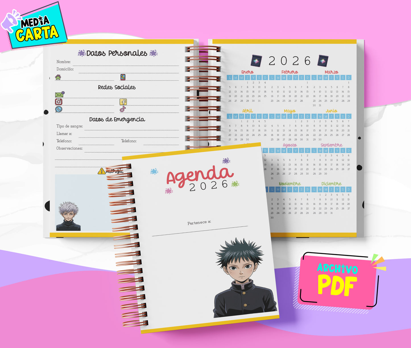 Agenda Diaria 2026 de Jujutsu Kaisen (PDF no editable) – Día por Página – Media Carta 14×21.5 cm – Español