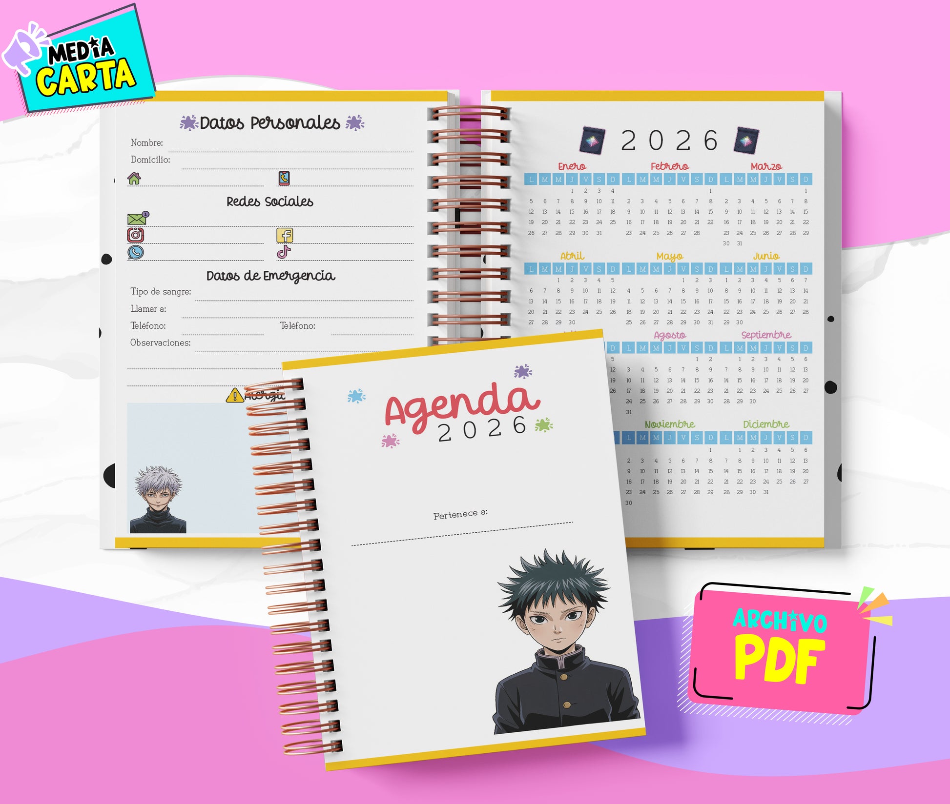 Agenda Diaria 2026 de Jujutsu Kaisen (PDF no editable) – Día por Página – Media Carta 14×21.5 cm – Español