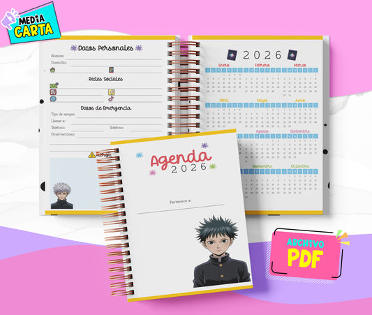 Agenda Diaria 2026 de Jujutsu Kaisen (PDF no editable) – Día por Página – Media Carta 14×21.5 cm – Español