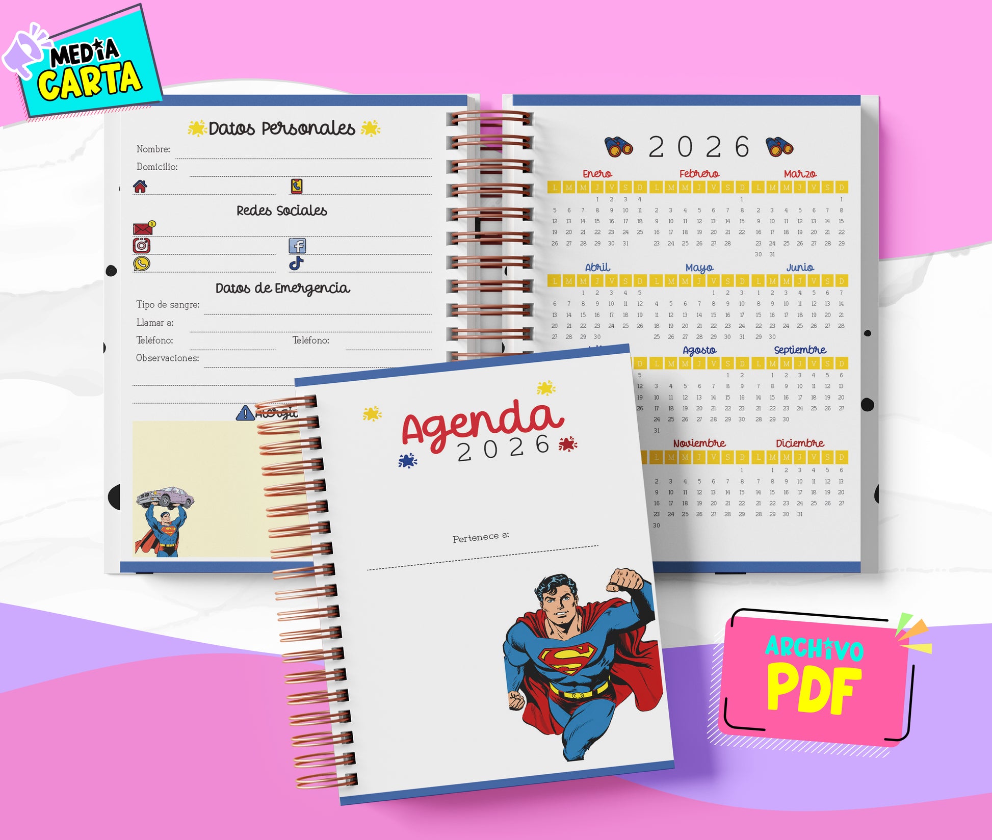 Agenda Diaria 2026 de Superman (PDF no editable) – Día por Página – Media Carta 14×21.5 cm – Español