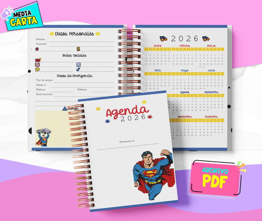 Agenda Diaria 2026 de Superman (PDF no editable) – Día por Página – Media Carta 14×21.5 cm – Español
