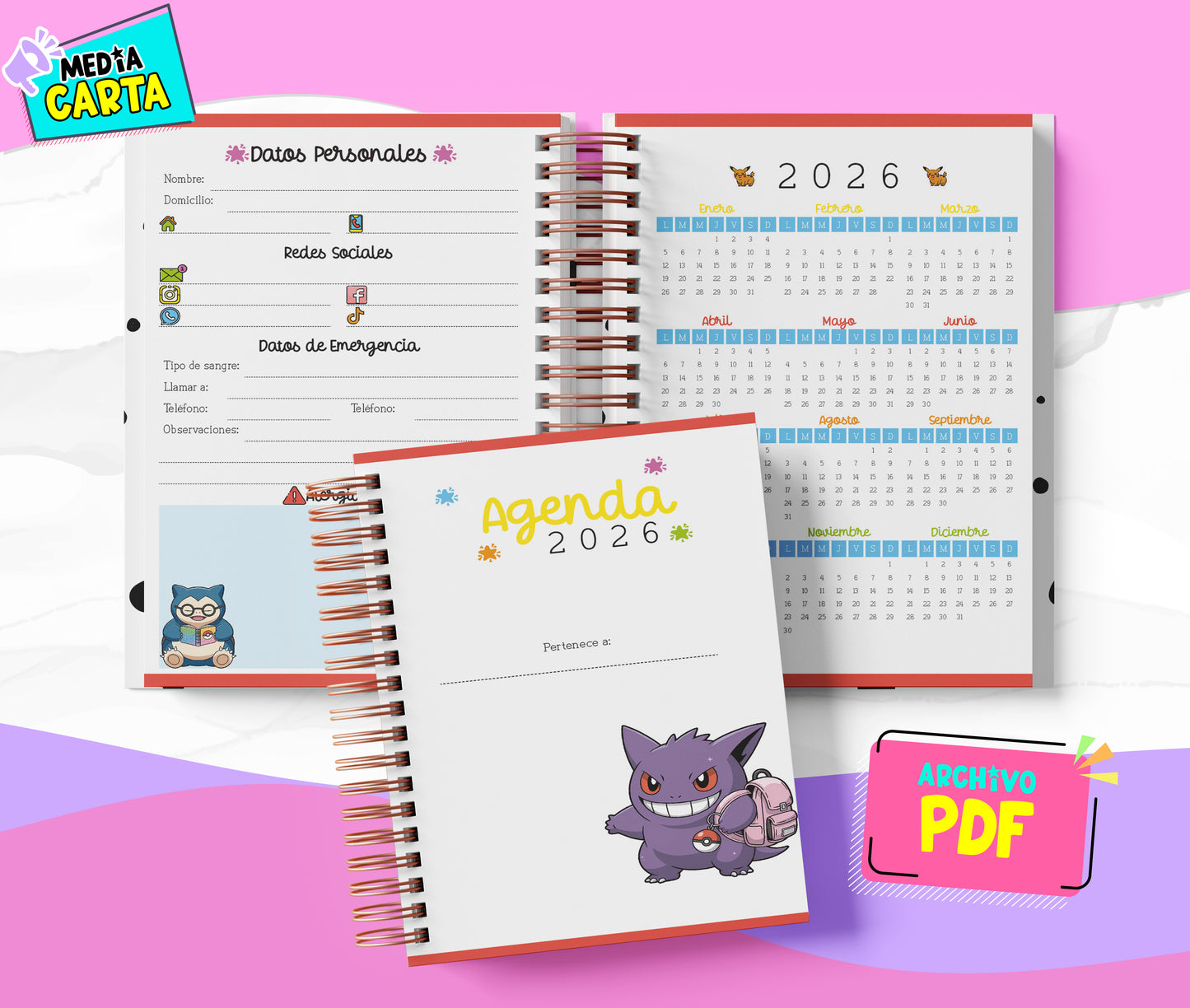Agenda Diaria 2026 de Pokemon (PDF no editable) – Día por Página – Media Carta 14×21.5 cm – Español