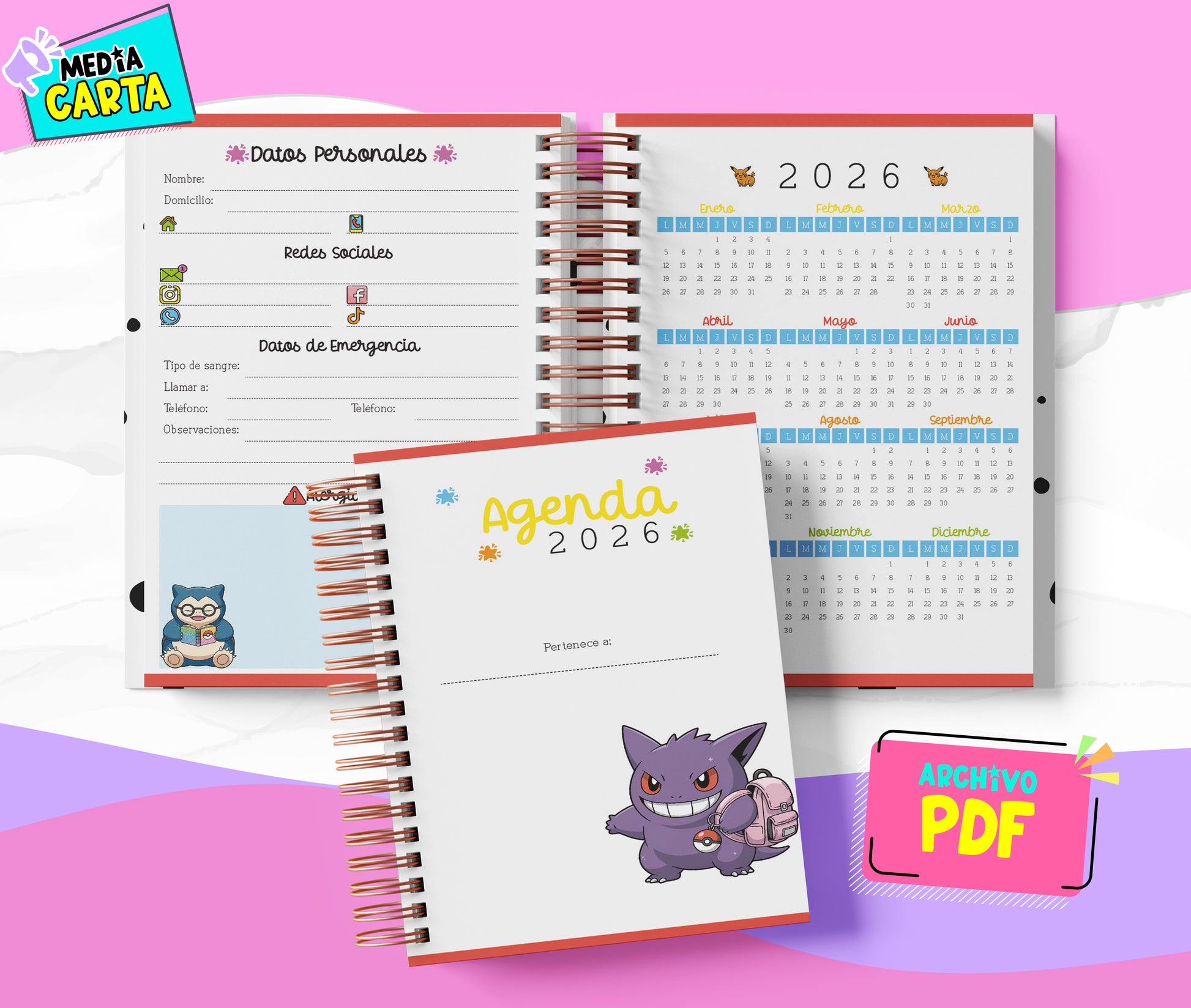 Agenda Diaria 2026 de Pokemon (PDF no editable) – Día por Página – Media Carta 14×21.5 cm – Español