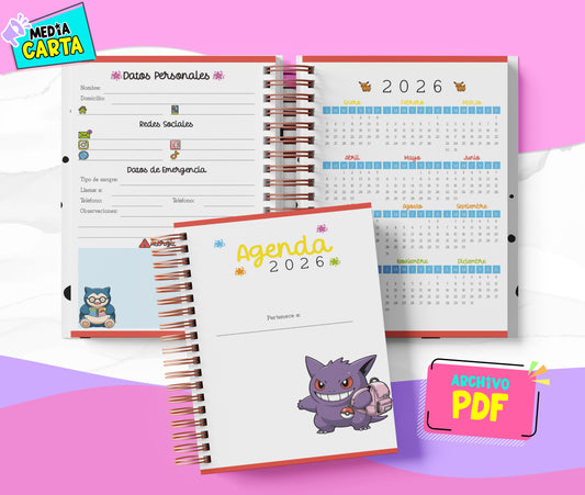 Agenda Diaria 2026 de Pokemon (PDF no editable) – Día por Página – Media Carta 14×21.5 cm – Español