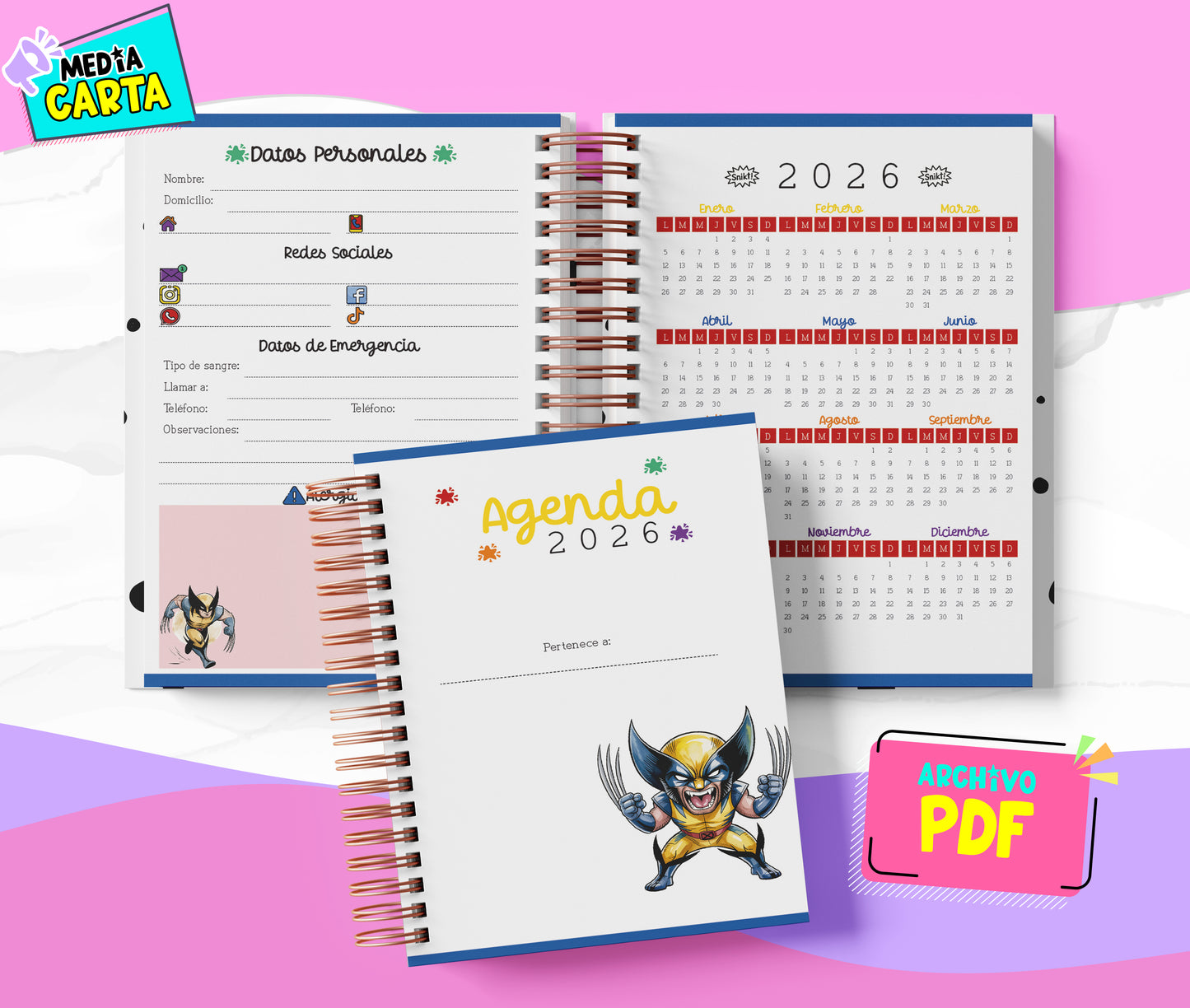 Agenda Diaria 2026 de Wolverine (PDF no editable) – Día por Página – Media Carta 14×21.5 cm – Español