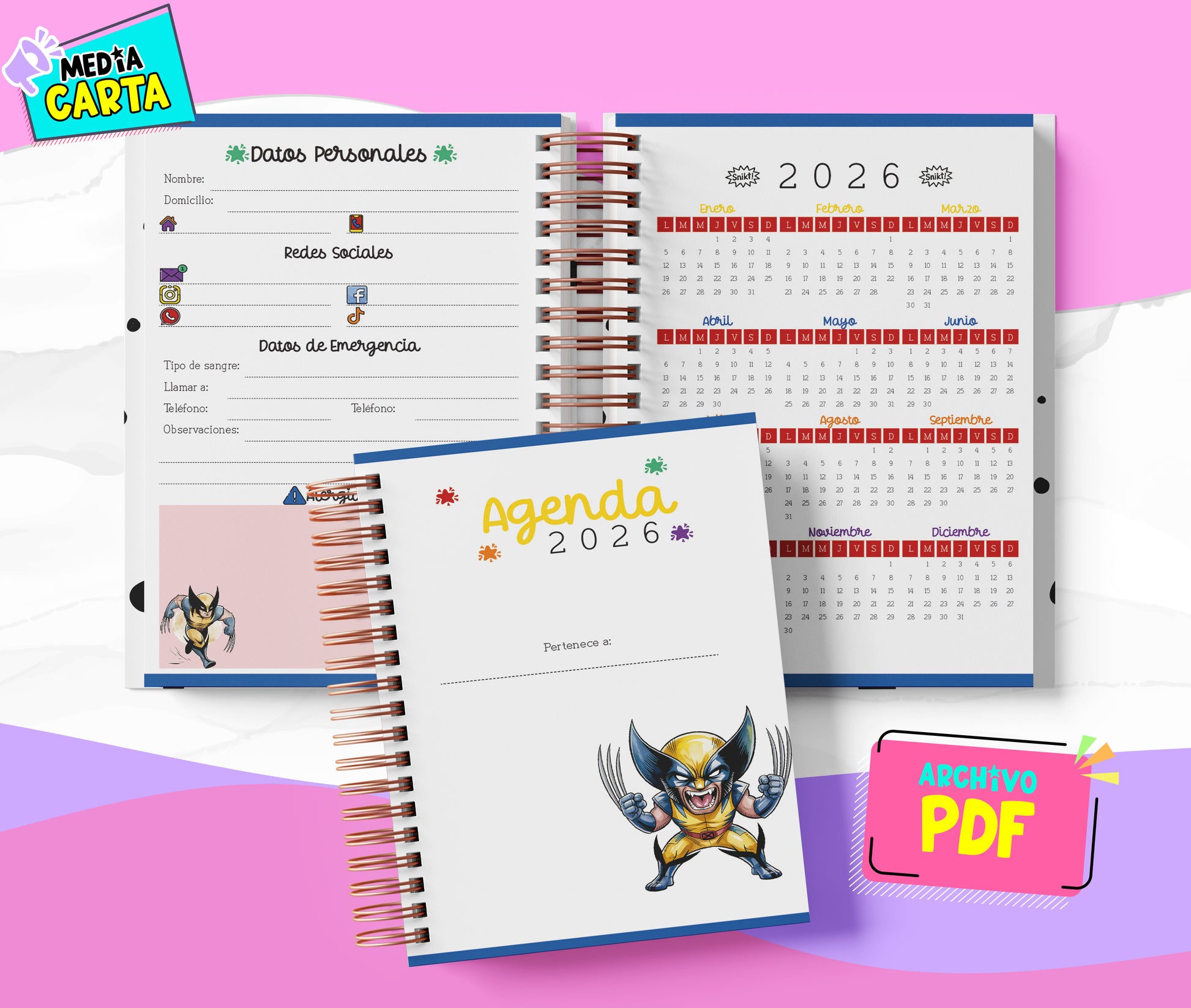 Agenda Diaria 2026 de Wolverine (PDF no editable) – Día por Página – Media Carta 14×21.5 cm – Español