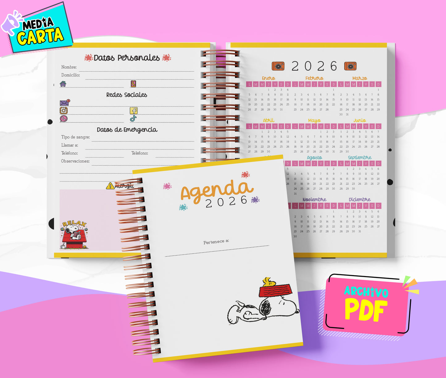 Agenda Diaria 2026 de Peanuts (PDF no editable) – Día por Página – Media Carta 14×21.5 cm – Español