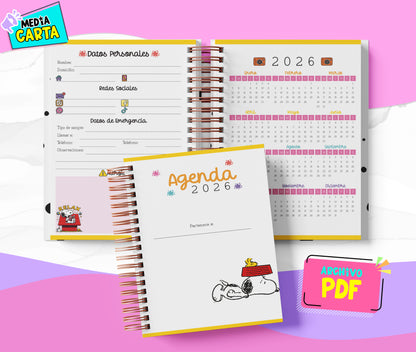 Agenda Diaria 2026 de Peanuts (PDF no editable) – Día por Página – Media Carta 14×21.5 cm – Español