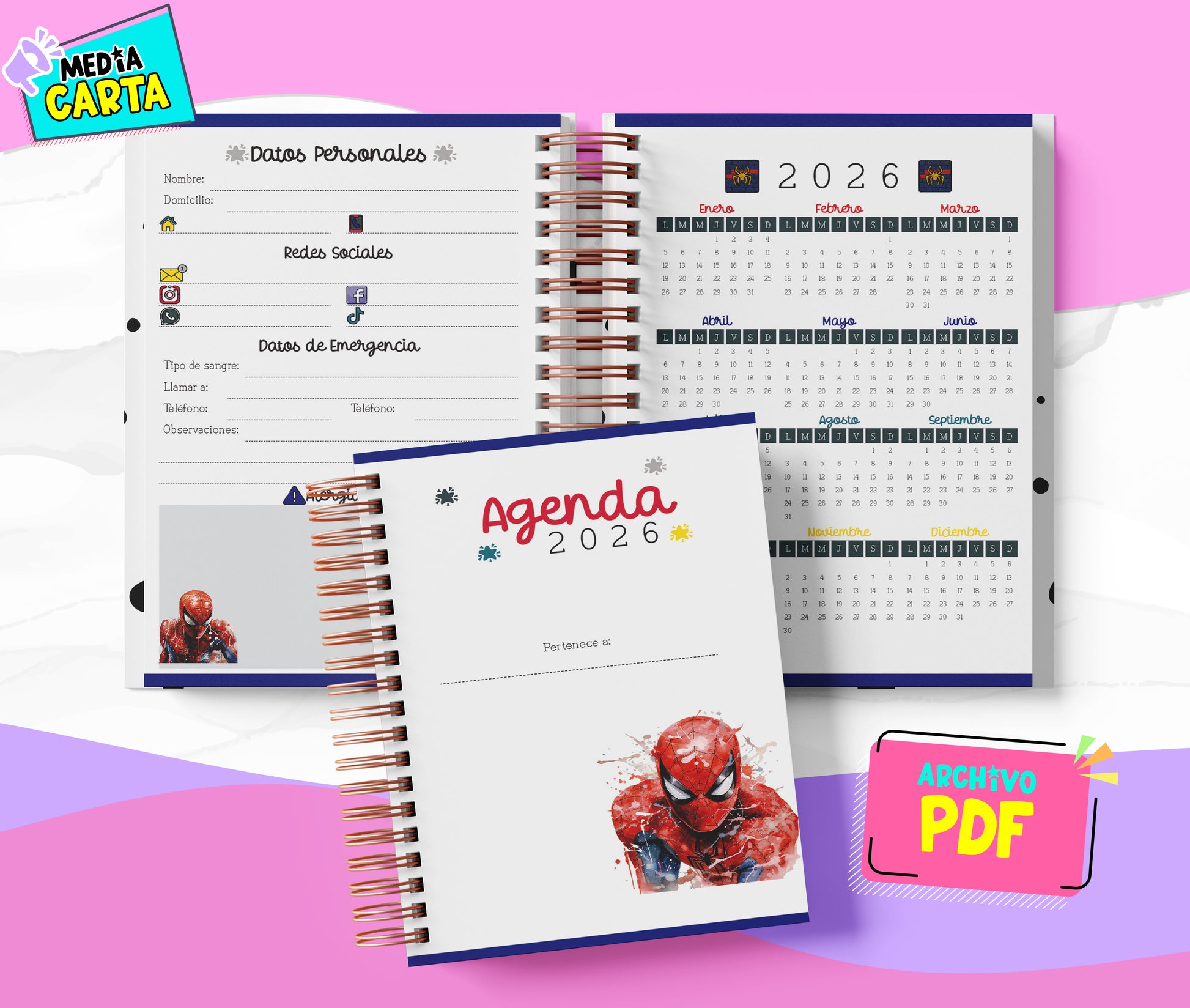 Agenda Diaria 2026 de Spiderman (PDF no editable) – Día por Página – Media Carta 14×21.5 cm – Español
