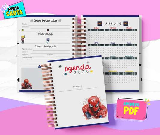 Agenda Diaria 2026 de Spiderman (PDF no editable) – Día por Página – Media Carta 14×21.5 cm – Español