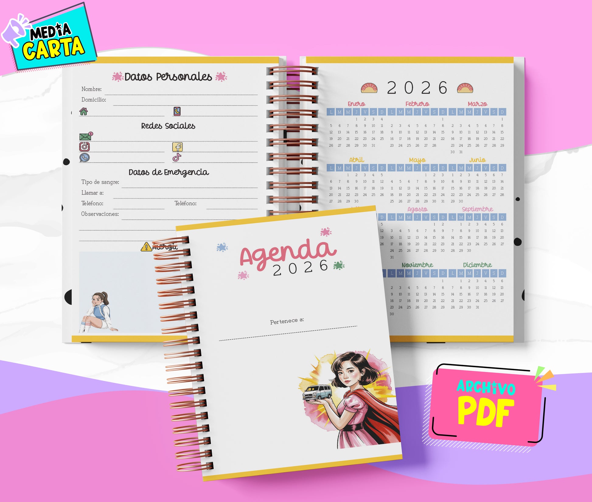 Agenda Diaria 2026 de Kdrama (PDF no editable) – Día por Página – Media Carta 14×21.5 cm – Español