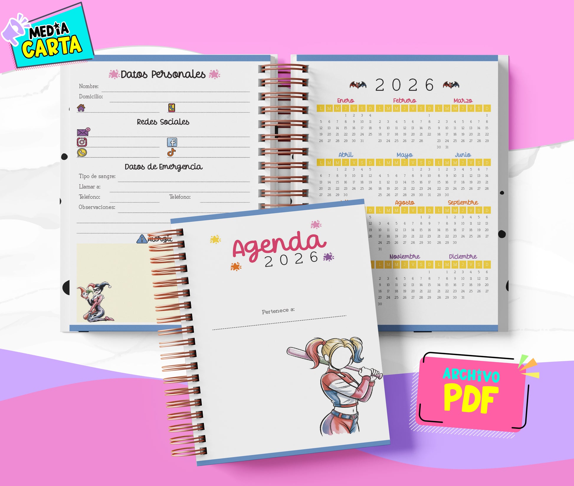 Agenda Diaria 2026 de Harley Quinn (PDF no editable) – Día por Página – Media Carta 14×21.5 cm – Español