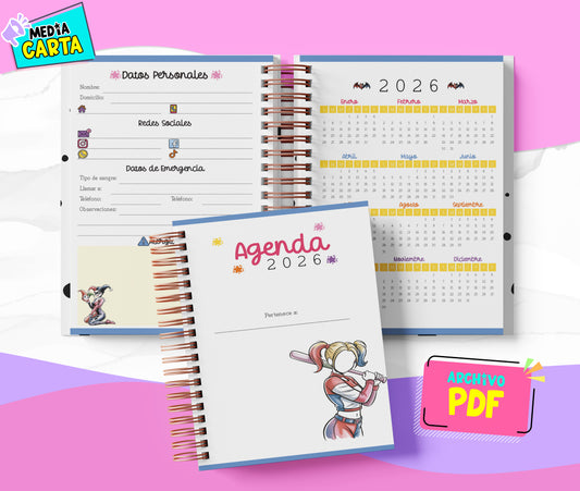 Agenda Diaria 2026 de Harley Quinn (PDF no editable) – Día por Página – Media Carta 14×21.5 cm – Español