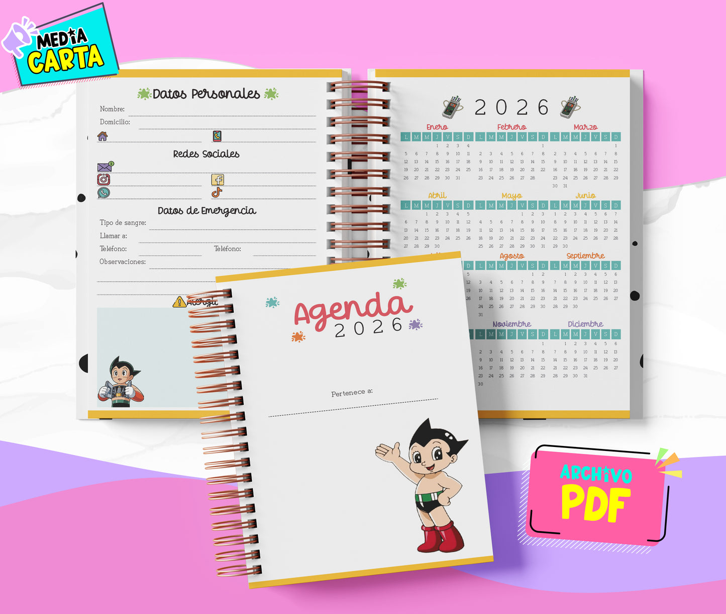 Agenda Diaria 2026 de Astroboy (PDF no editable) – Día por Página – Media Carta 14×21.5 cm – Español