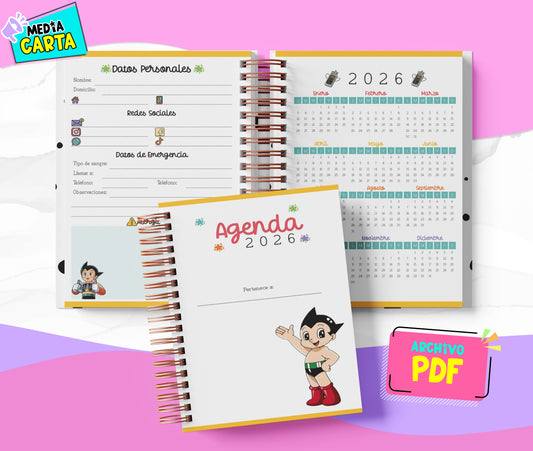 Agenda Diaria 2026 de Astroboy (PDF no editable) – Día por Página – Media Carta 14×21.5 cm – Español