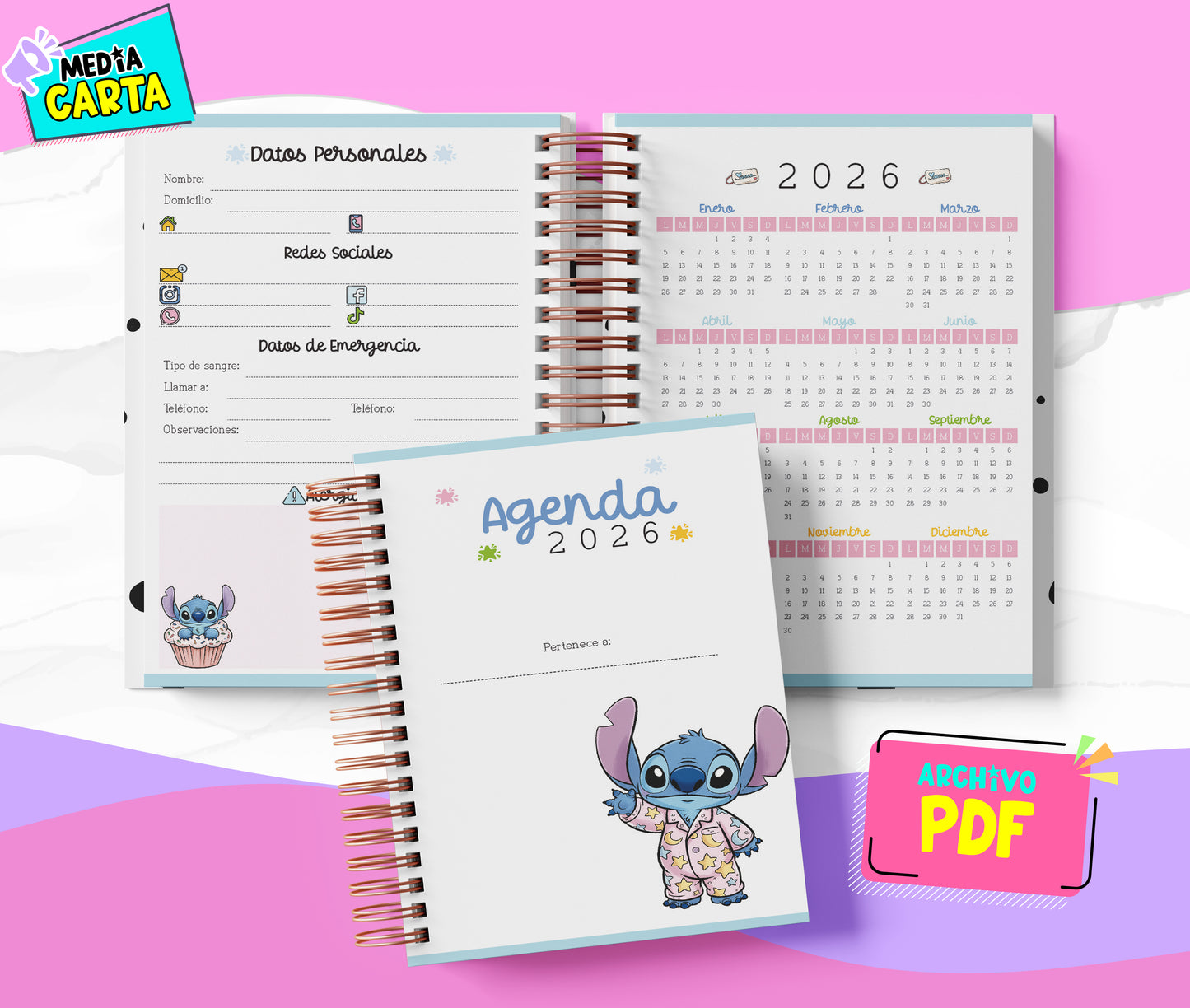 Agenda Diaria 2026 de Stitch (PDF no editable) – Día por Página – Media Carta 14×21.5 cm – Español