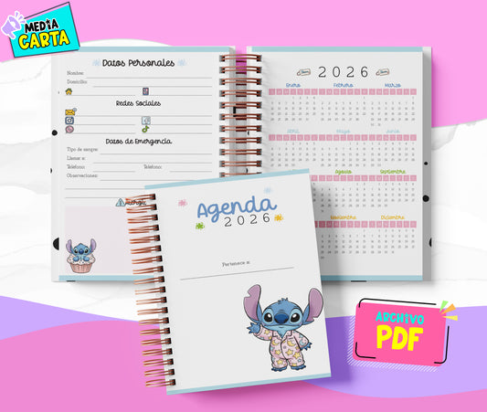 Agenda Diaria 2026 de Stitch (PDF no editable) – Día por Página – Media Carta 14×21.5 cm – Español