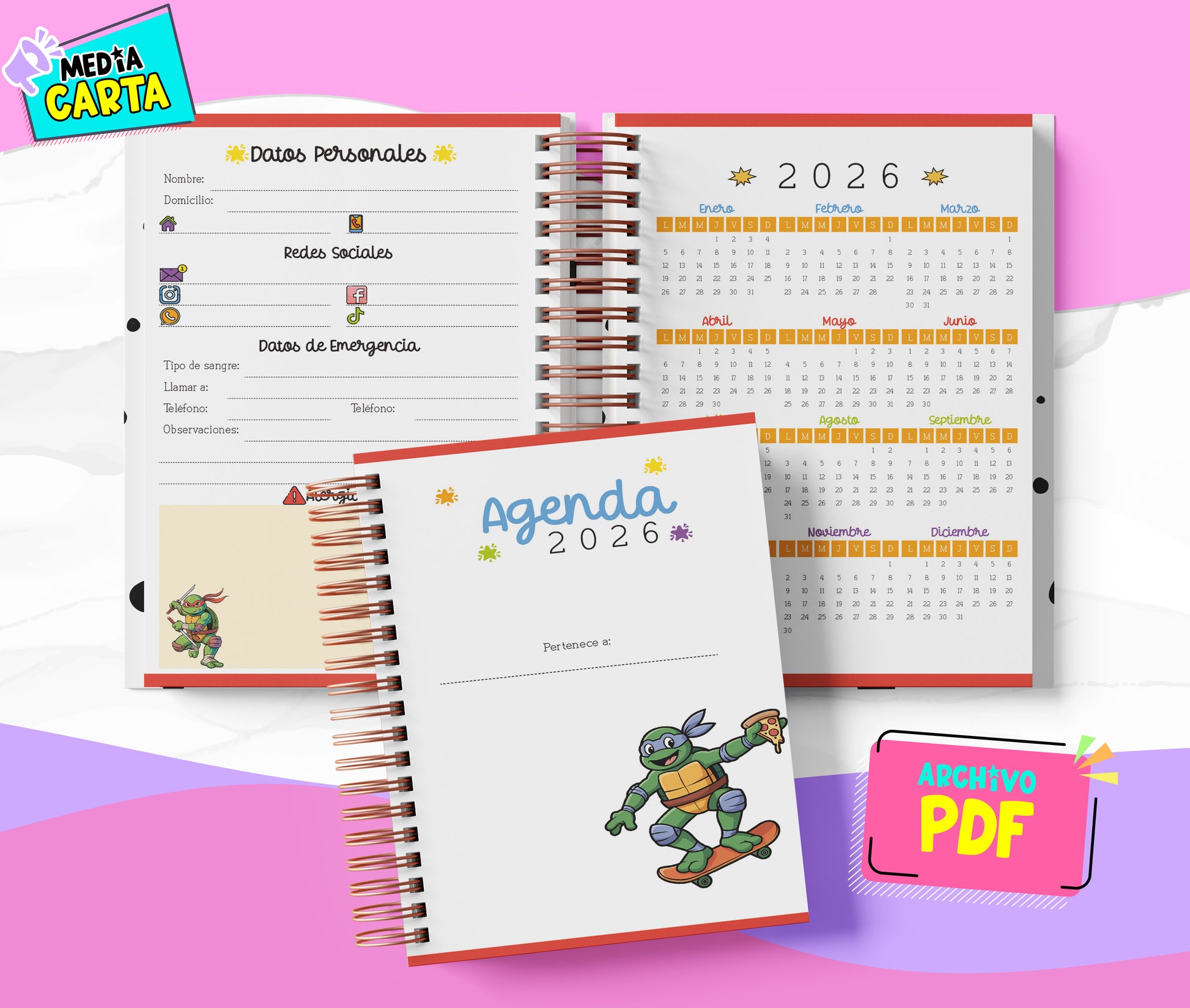 Agenda Diaria 2026 de Tortugas Ninja (PDF no editable) – Día por Página – Media Carta 14×21.5 cm – Español