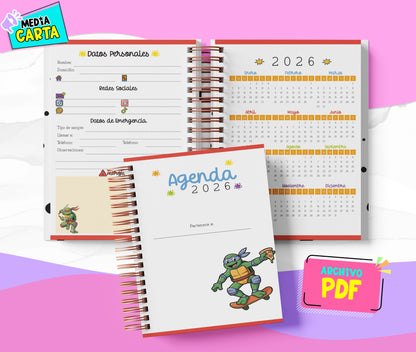 Agenda Diaria 2026 de Tortugas Ninja (PDF no editable) – Día por Página – Media Carta 14×21.5 cm – Español