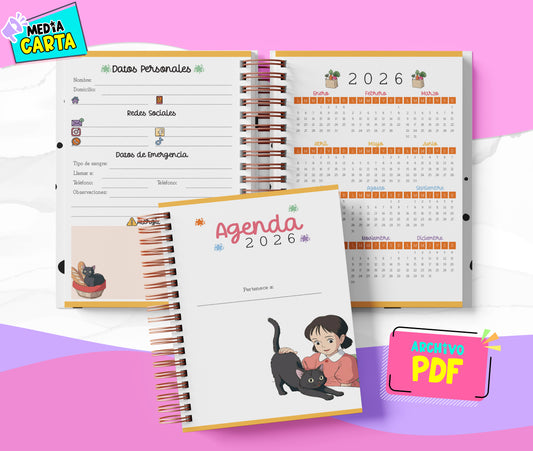 Agenda Diaria 2026 de Kikis (PDF no editable) – Día por Página – Media Carta 14×21.5 cm – Español