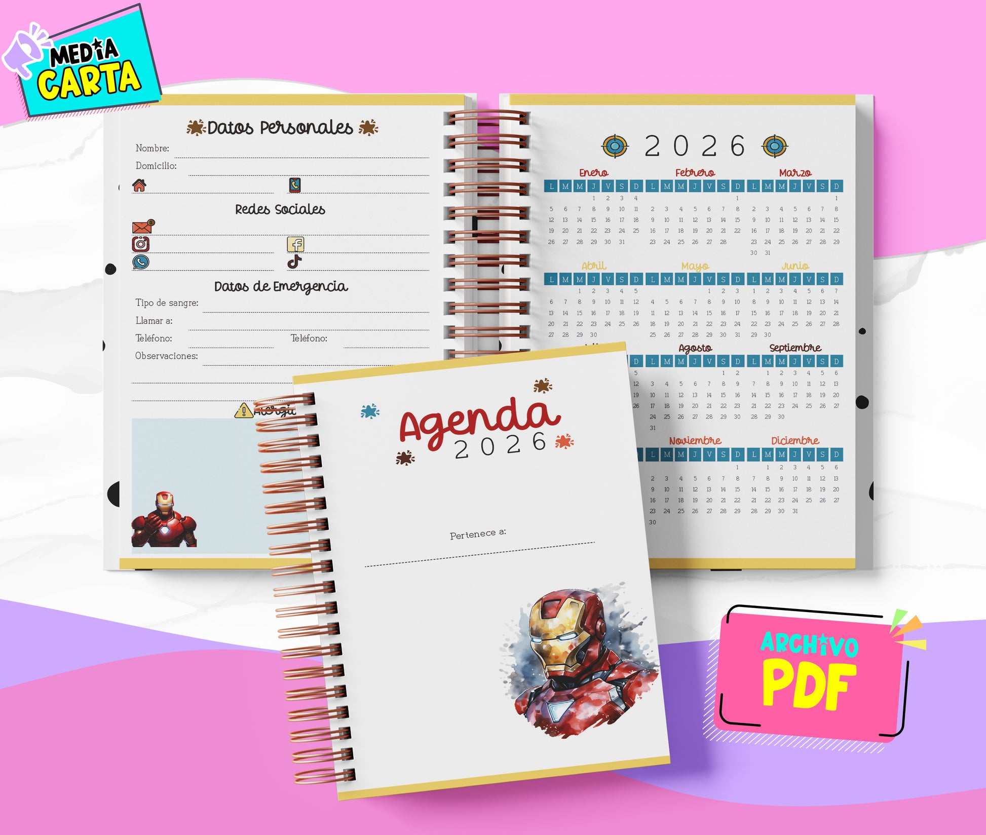 Agenda Diaria 2026 de Ironman (PDF no editable) – Día por Página – Media Carta 14×21.5 cm – Español