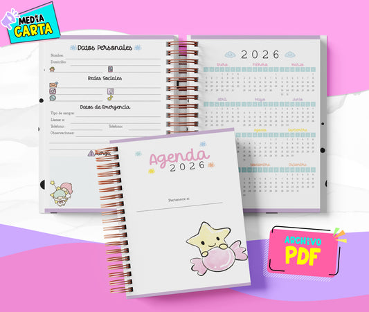 Agenda Diaria 2026 de Little Twin Stars (PDF no editable) – Día por Página – Media Carta 14×21.5 cm – Español