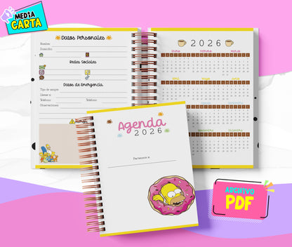 Agenda Diaria 2026 de Simpsons (PDF no editable) – Día por Página – Media Carta 14×21.5 cm – Español