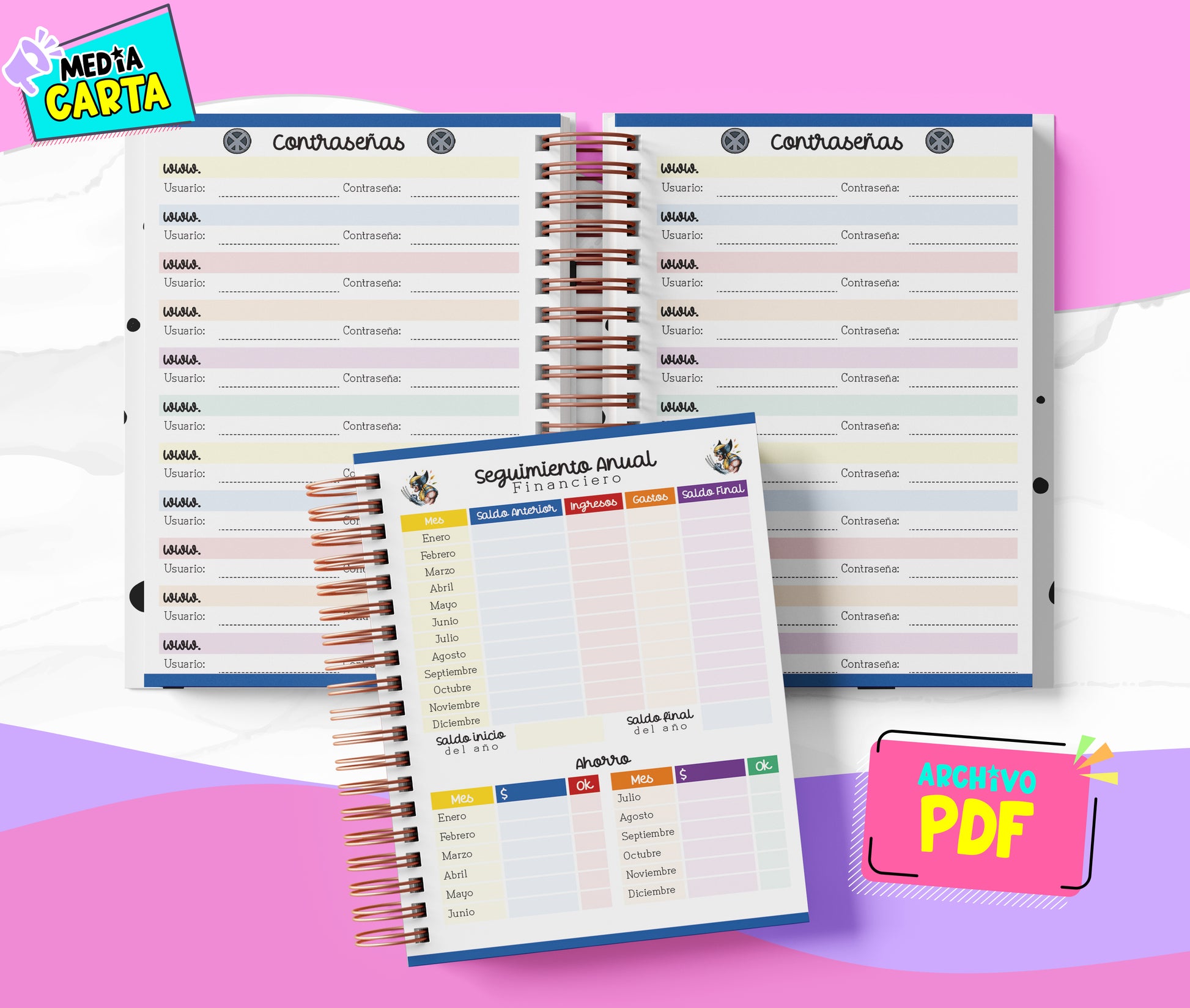 Agenda Diaria 2026 de Wolverine (PDF no editable) – Día por Página – Media Carta 14×21.5 cm – Español