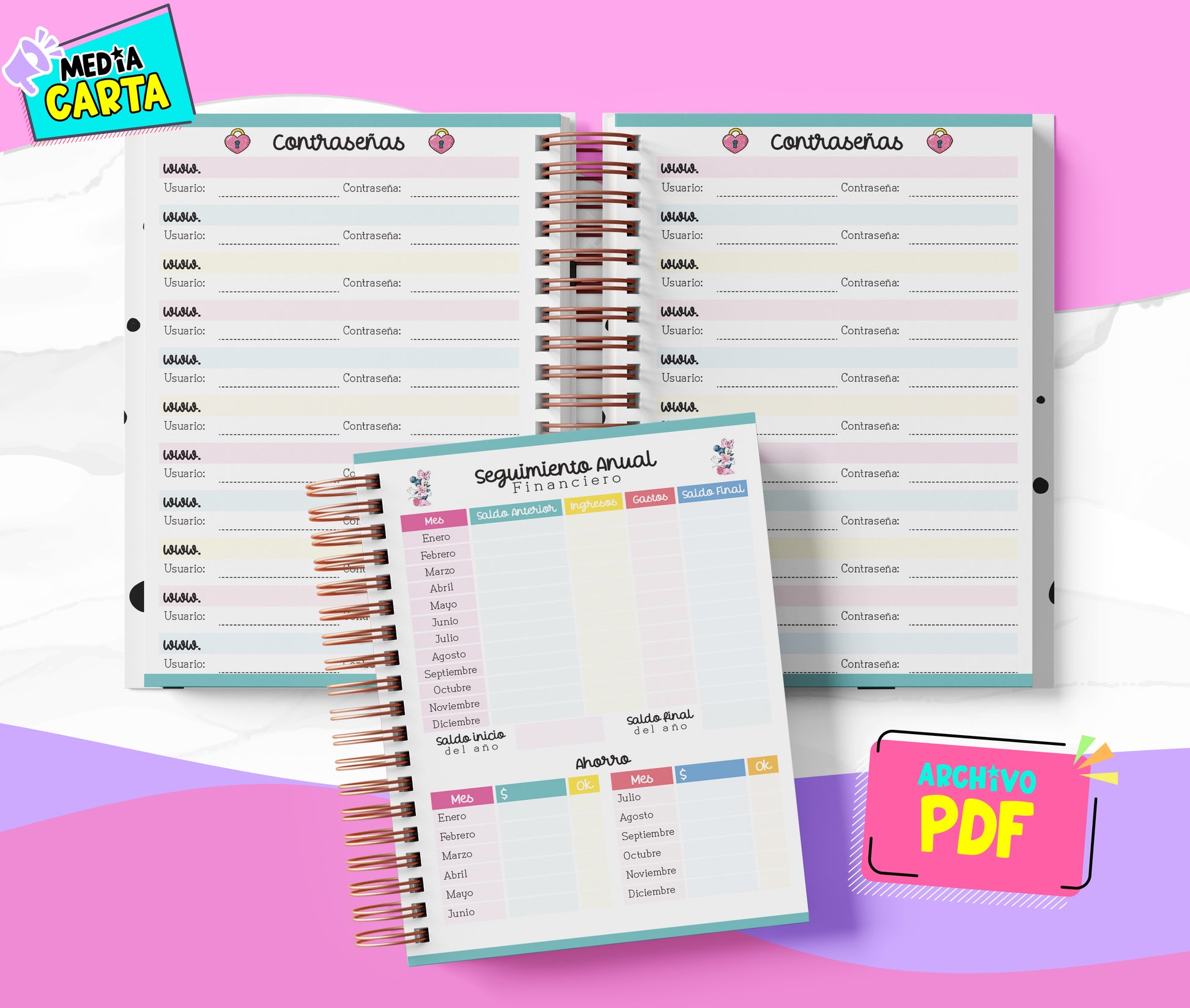 Agenda Diaria 2026 de Minnie (PDF no editable) – Día por Página – Media Carta 14×21.5 cm – Español