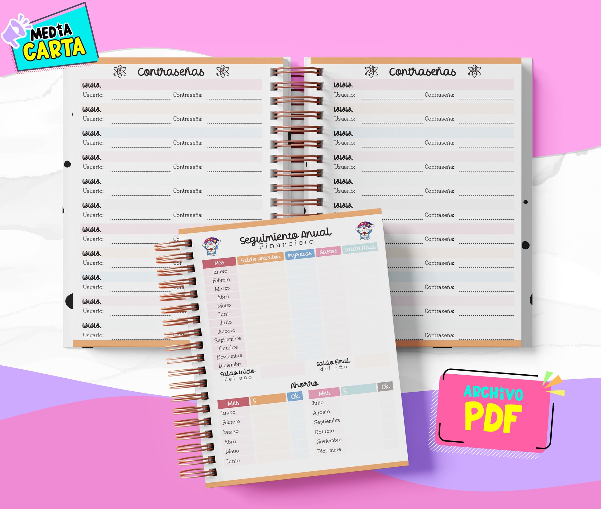 Agenda Diaria 2026 de Doraemon (PDF no editable) – Día por Página – Media Carta 14×21.5 cm – Español