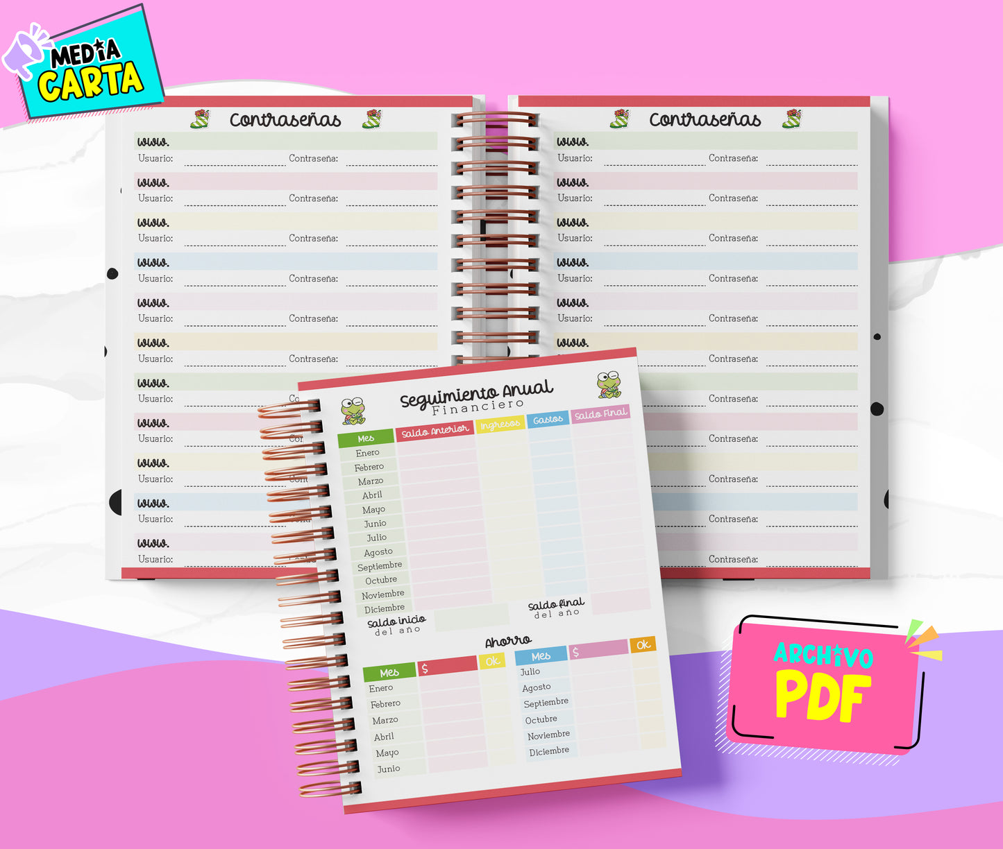 Agenda Diaria 2026 de Keroppi (PDF no editable) – Día por Página – Media Carta 14×21.5 cm – Español