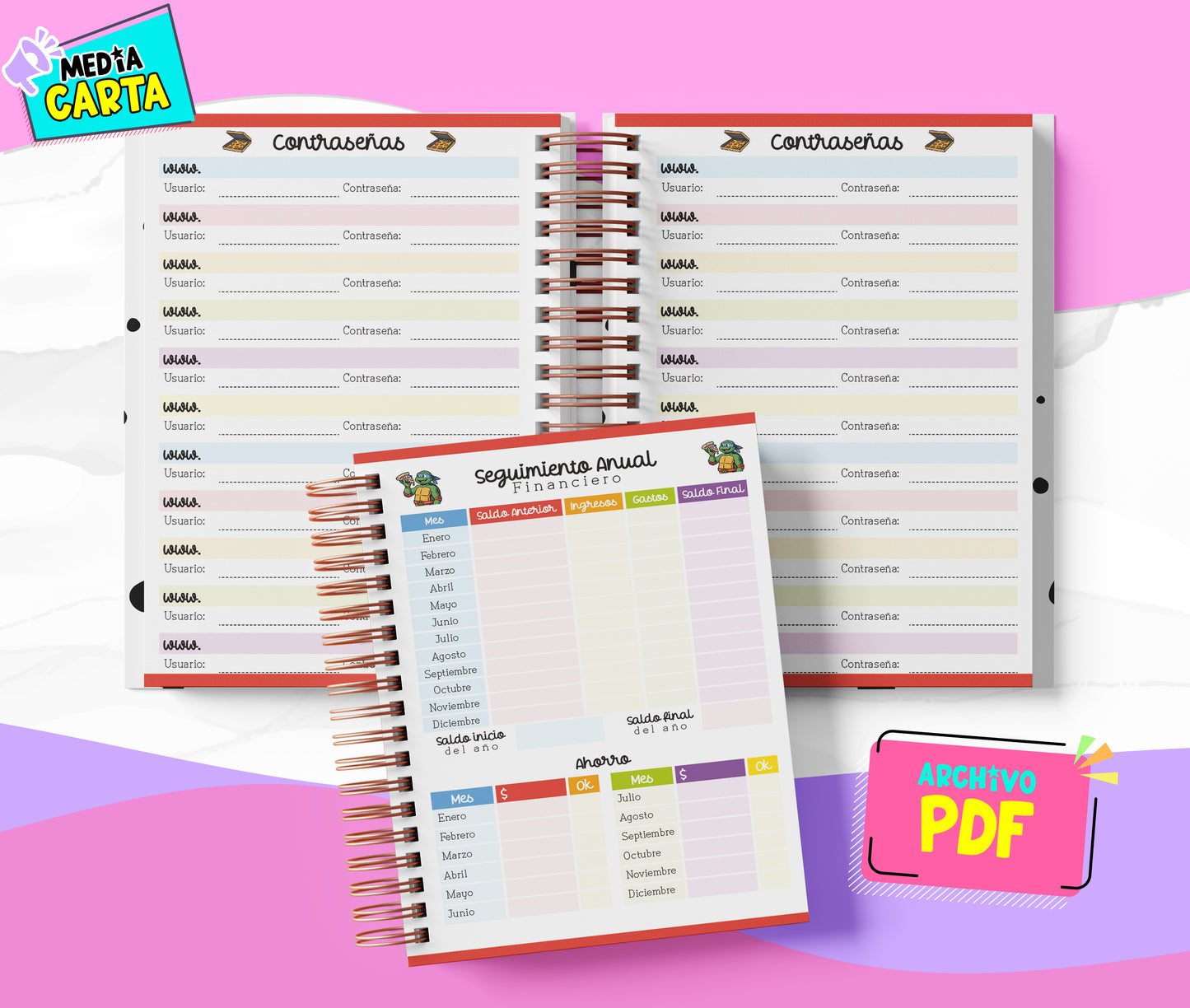 Agenda Diaria 2026 de Tortugas Ninja (PDF no editable) – Día por Página – Media Carta 14×21.5 cm – Español