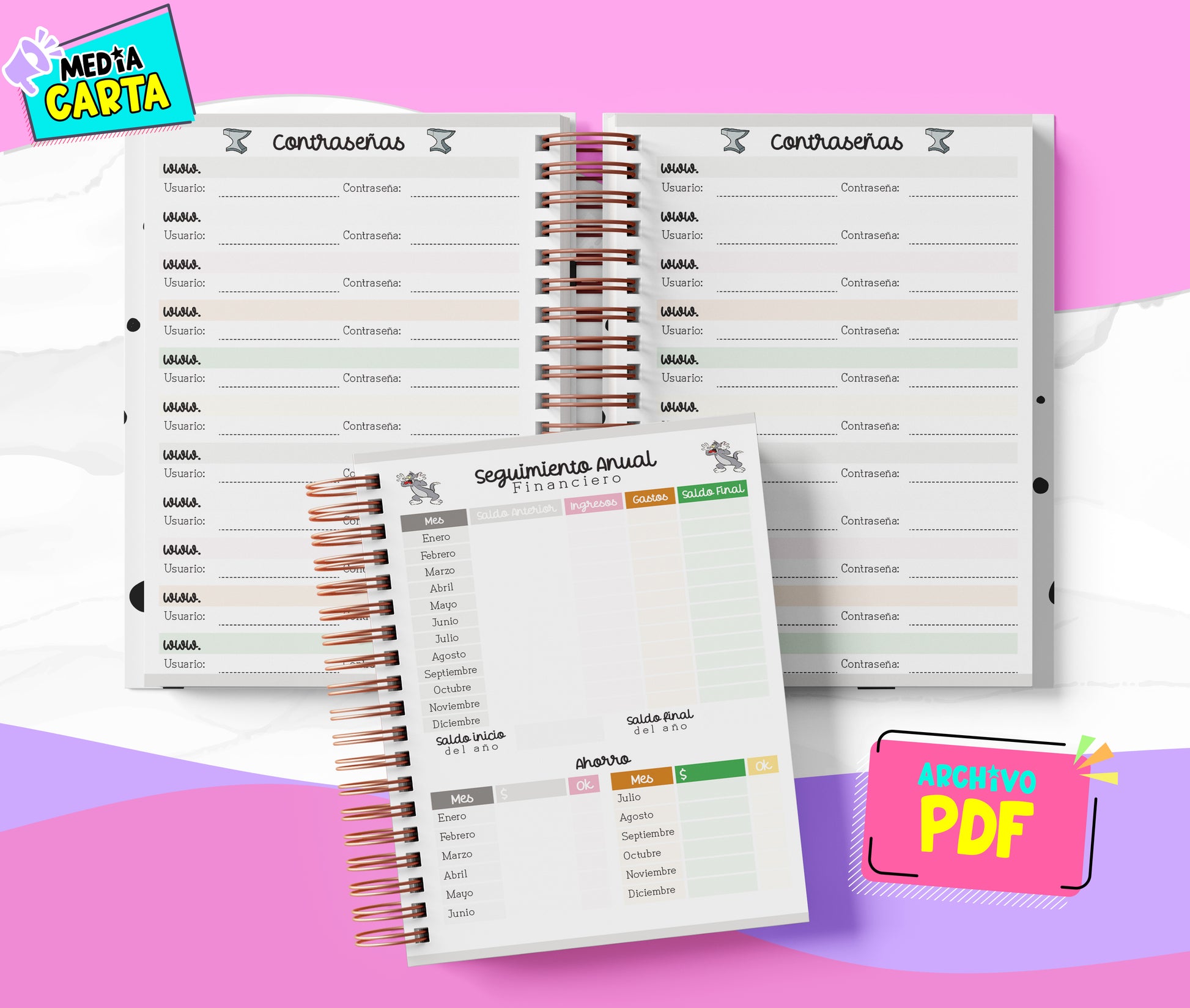 Agenda Diaria 2026 de Tom Y Jerry (PDF no editable) – Día por Página – Media Carta 14×21.5 cm – Español