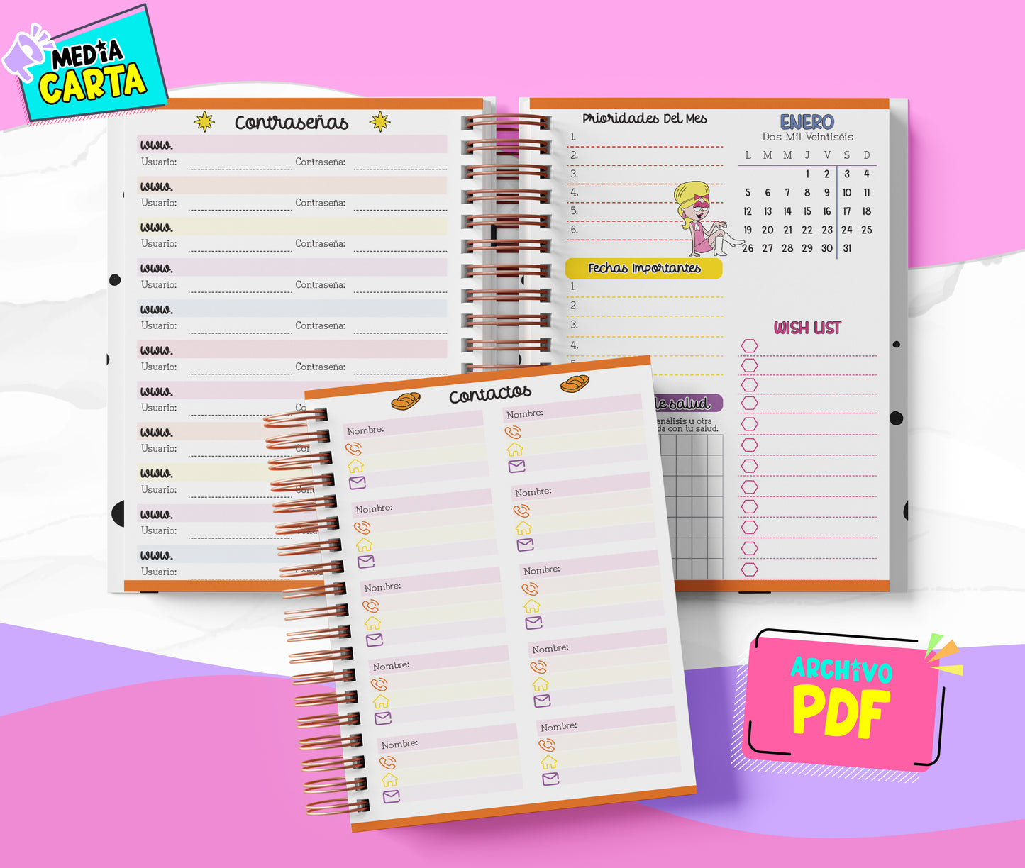 Agenda Diaria 2026 de Lizzie Mcguire (PDF no editable) – Día por Página – Media Carta 14×21.5 cm – Español