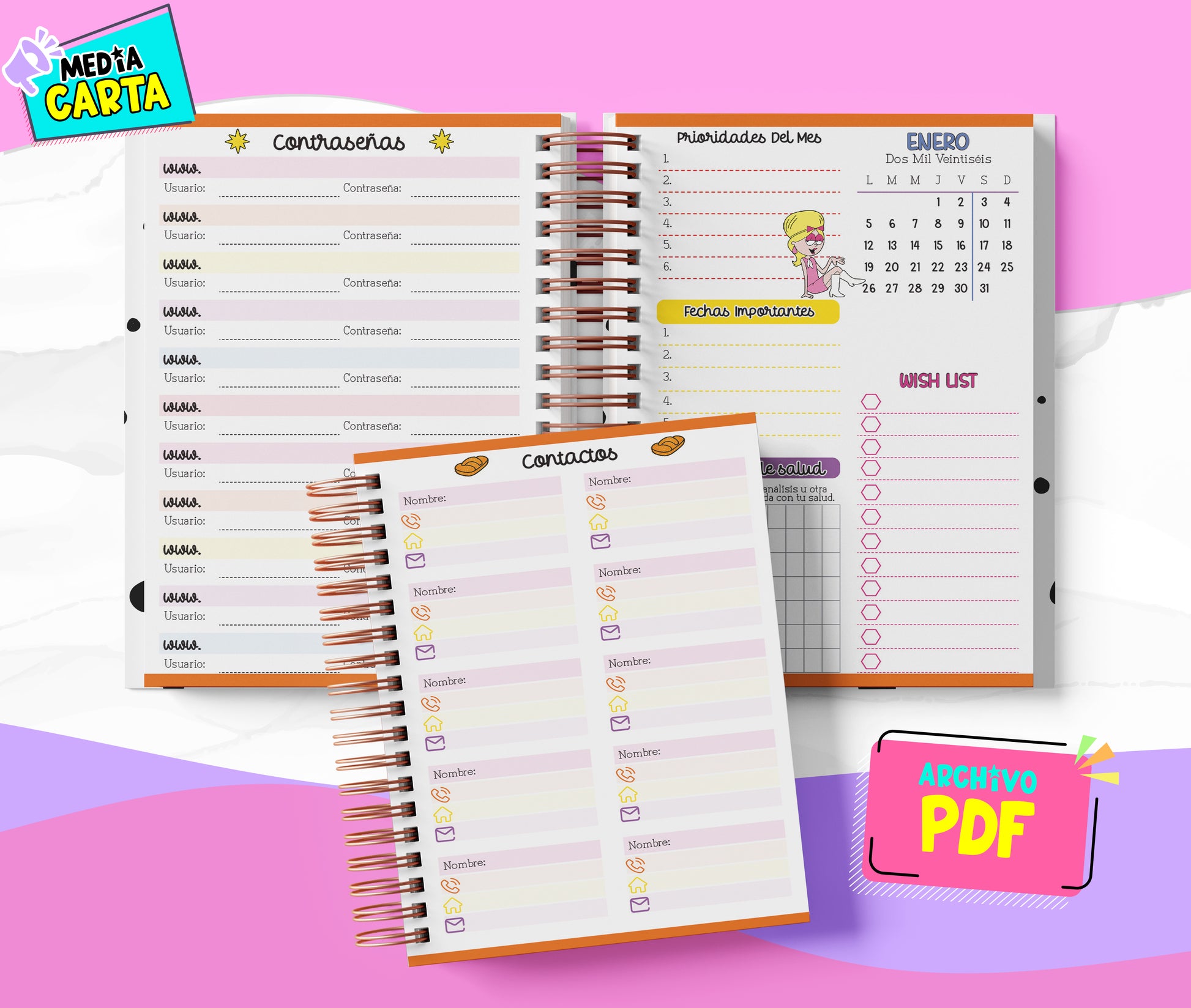 Agenda Diaria 2026 de Lizzie Mcguire (PDF no editable) – Día por Página – Media Carta 14×21.5 cm – Español