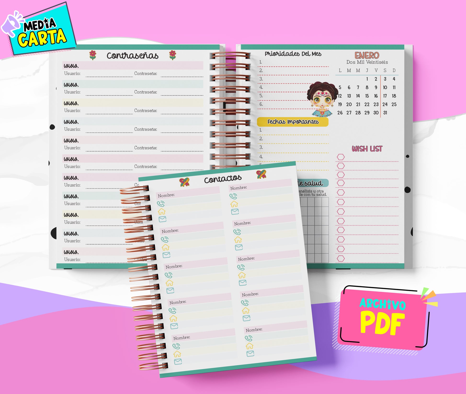 Agenda Diaria 2026 de Frida (PDF no editable) – Día por Página – Media Carta 14×21.5 cm – Español