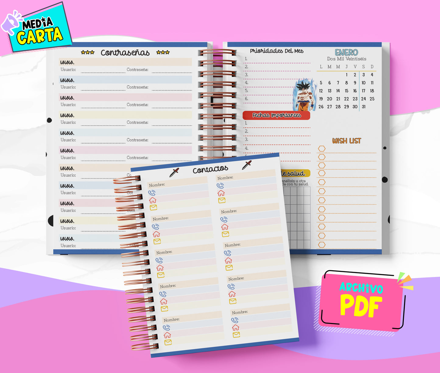 Agenda Diaria 2026 de Dragon Ball (PDF no editable) – Día por Página – Media Carta 14×21.5 cm – Español