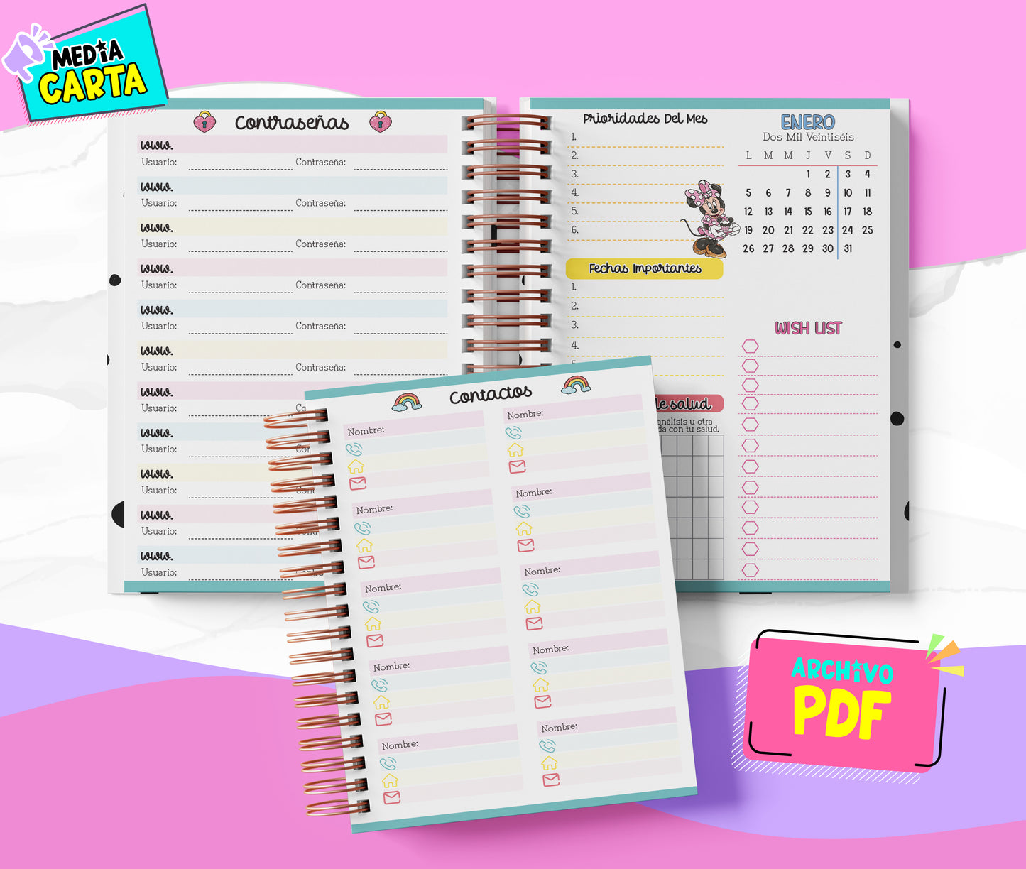 Agenda Diaria 2026 de Minnie (PDF no editable) – Día por Página – Media Carta 14×21.5 cm – Español