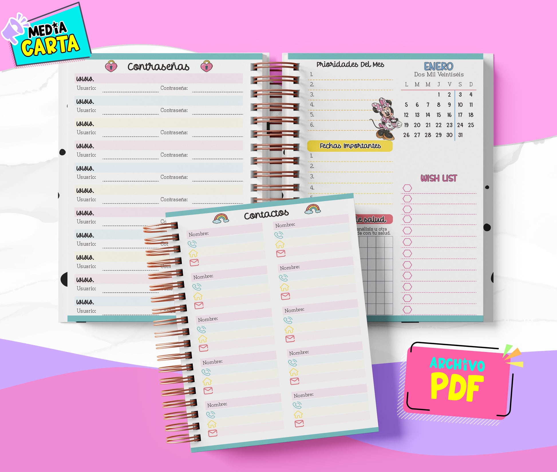 Agenda Diaria 2026 de Minnie (PDF no editable) – Día por Página – Media Carta 14×21.5 cm – Español