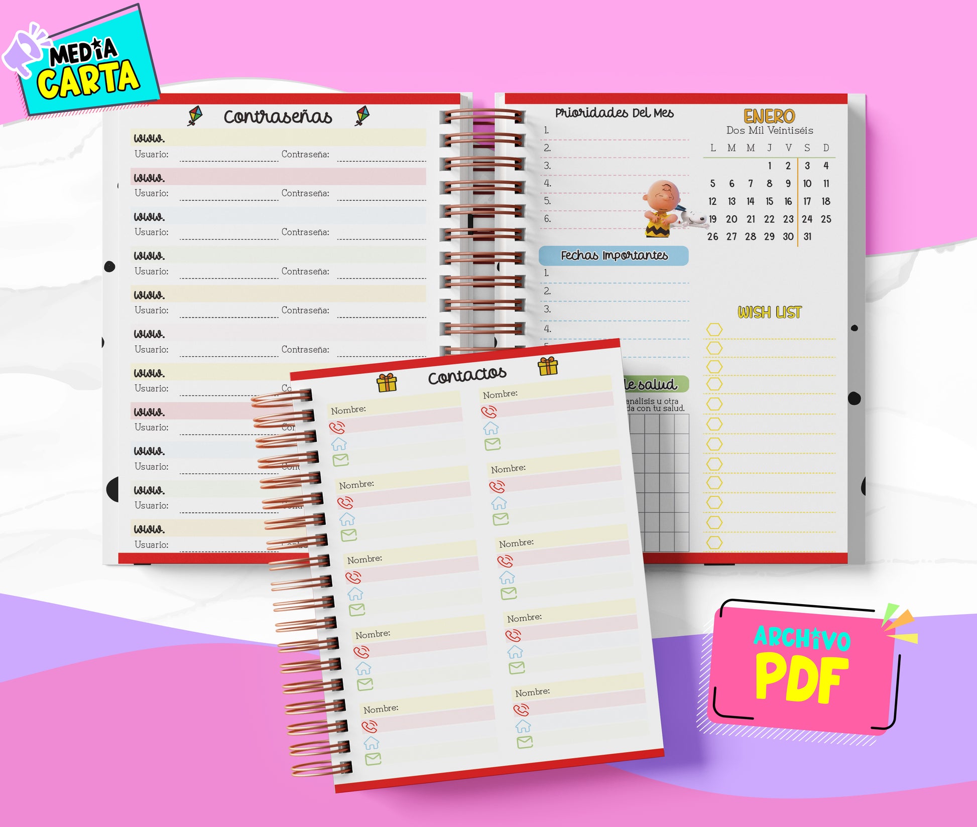 Agenda Diaria 2026 de Snoopy (PDF no editable) – Día por Página – Media Carta 14×21.5 cm – Español