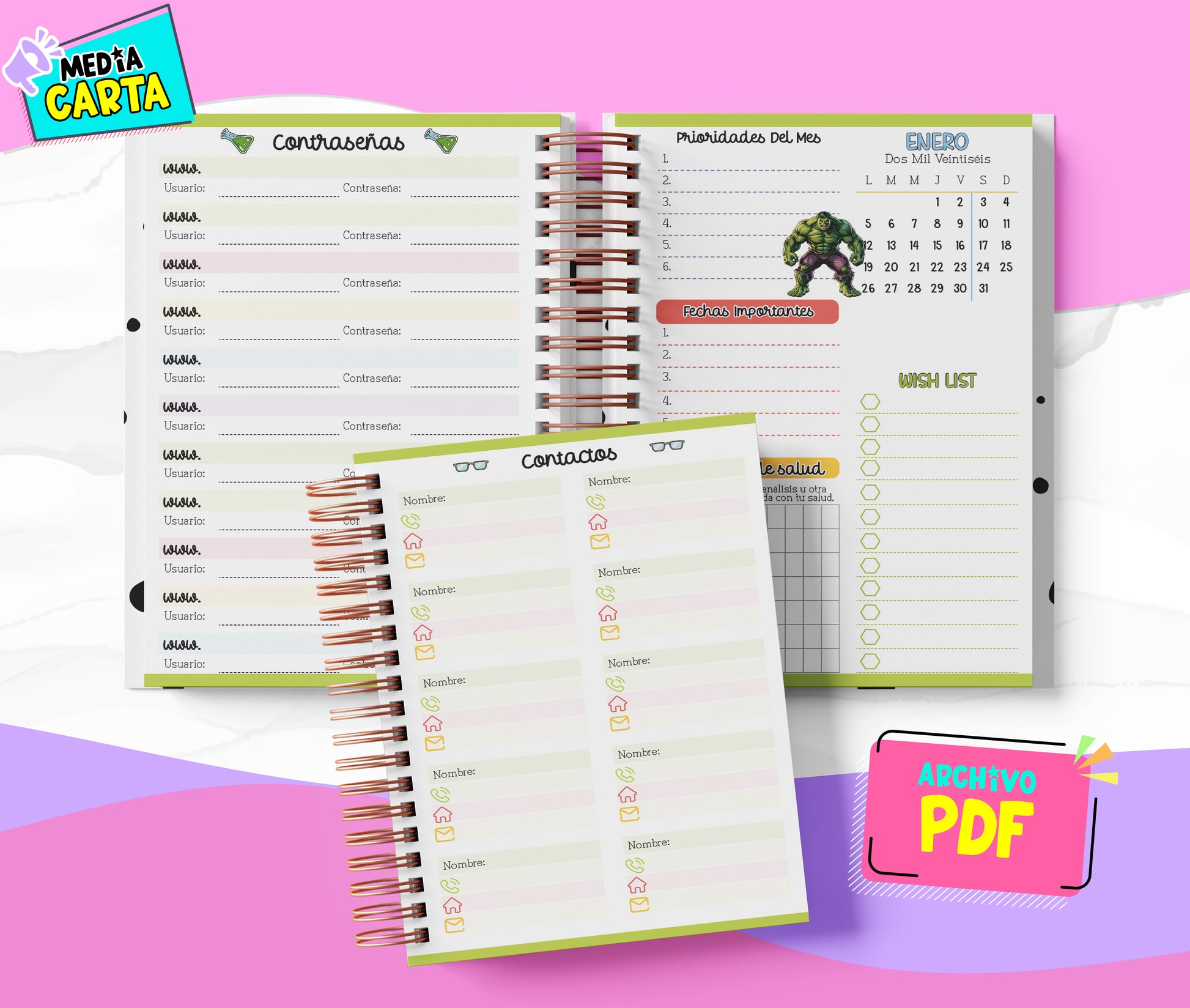 Agenda Diaria 2026 de Hulk (PDF no editable) – Día por Página – Media Carta 14×21.5 cm – Español