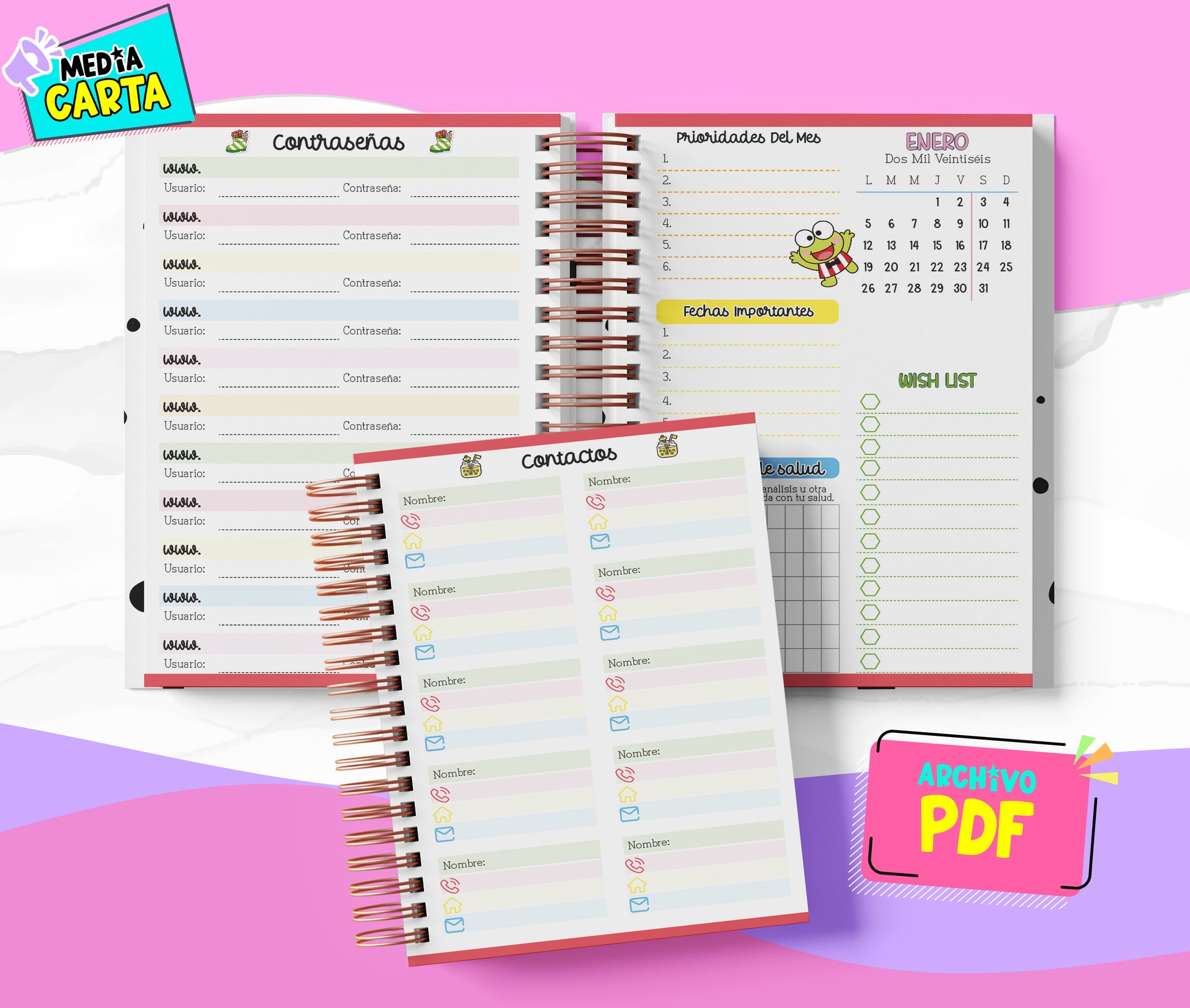 Agenda Diaria 2026 de Keroppi (PDF no editable) – Día por Página – Media Carta 14×21.5 cm – Español